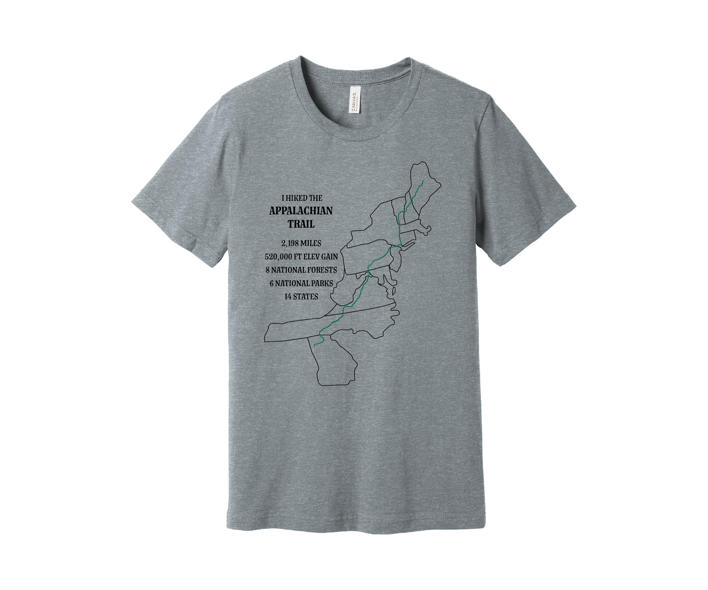 A light gray heather T-shirt displays a map outline in black of the Appalachian Trail with a green line marking the route. Text on the shirt reads: "I Hiked the Appalachian Trail," and lists details: 2,198 miles, 464,500 ft elevation gain, 8 National Forests, 6 National Parks, 14 states.