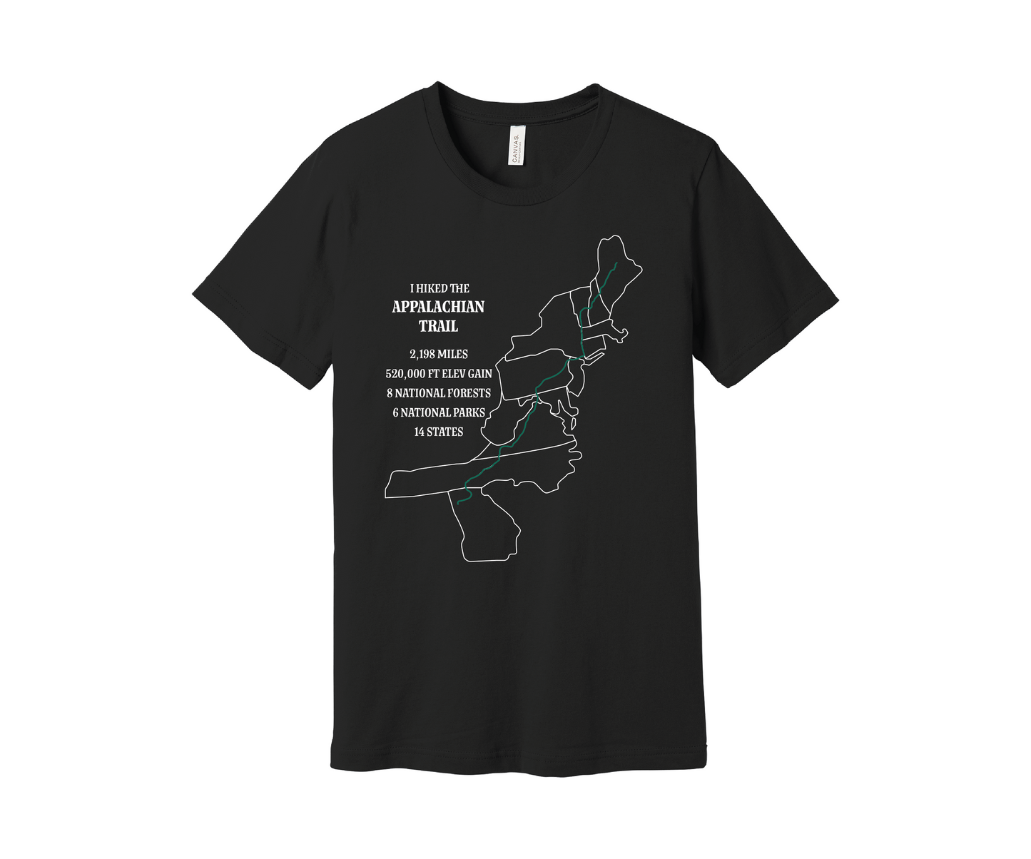 A black T-shirt displays a map outline in white of the Appalachian Trail with a green line marking the route. Text on the shirt reads: "I Hiked the Appalachian Trail," and lists details: 2,198 miles, 464,500 ft elevation gain, 8 National Forests, 6 National Parks, 14 states.