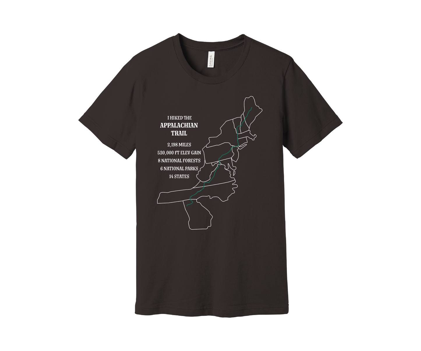 A brown T-shirt displays a map outline in white of the Appalachian Trail with a green line marking the route. Text on the shirt reads: "I Hiked the Appalachian Trail," and lists details: 2,198 miles, 464,500 ft elevation gain, 8 National Forests, 6 National Parks, 14 states.