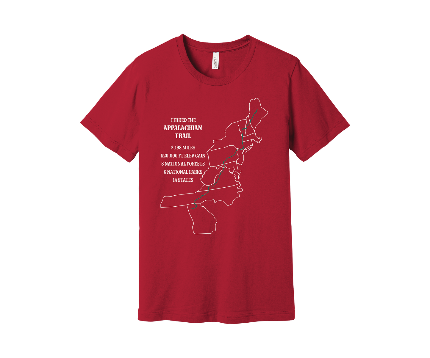 A red T-shirt displays a map outline in white of the Appalachian Trail with a green line marking the route. Text on the shirt reads: "I Hiked the Appalachian Trail," and lists details: 2,198 miles, 464,500 ft elevation gain, 8 National Forests, 6 National Parks, 14 states.