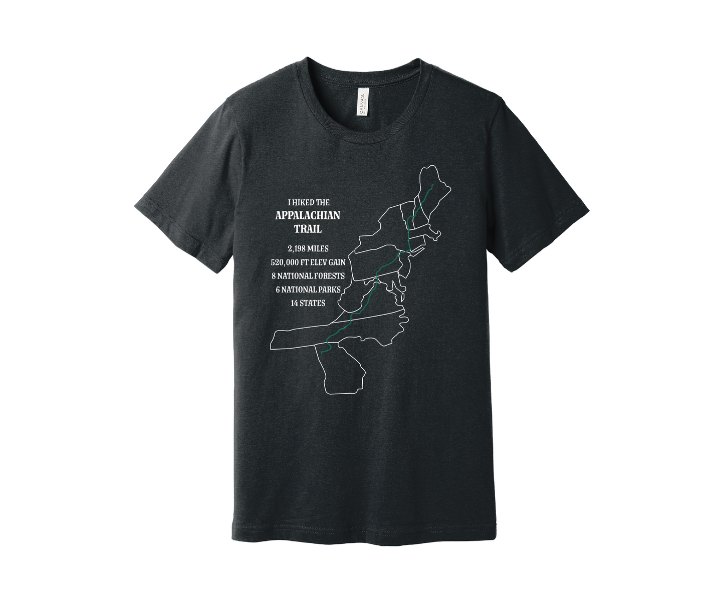 A dark gray heather T-shirt displays a map outline in white of the Appalachian Trail with a green line marking the route. Text on the shirt reads: "I Hiked the Appalachian Trail," and lists details: 2,198 miles, 464,500 ft elevation gain, 8 National Forests, 6 National Parks, 14 states.