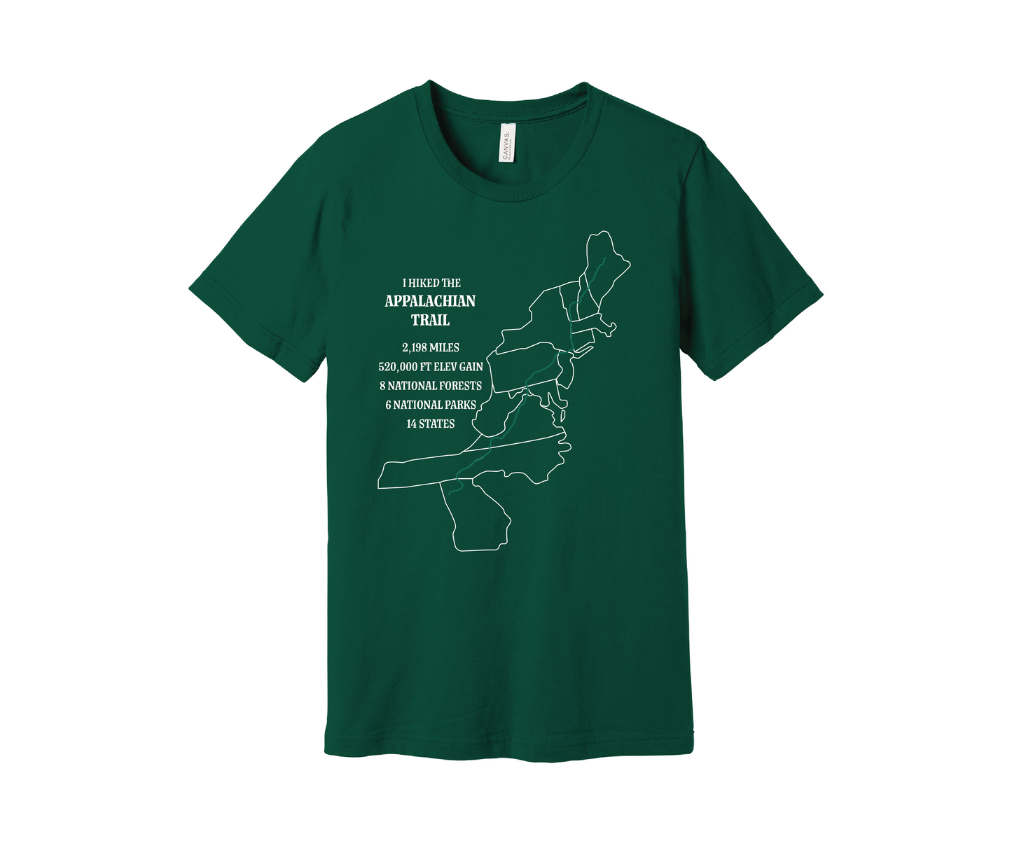 An evergreen-colored T-shirt displays a map outline in white of the Appalachian Trail with a green line marking the route. Text on the shirt reads: "I Hiked the Appalachian Trail," and lists details: 2,198 miles, 464,500 ft elevation gain, 8 National Forests, 6 National Parks, 14 states.