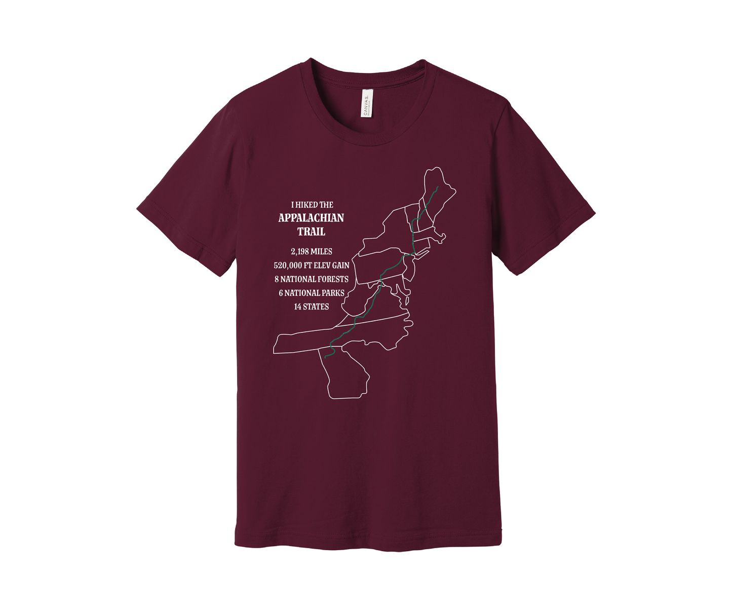 A maroon T-shirt displays a map outline in white of the Appalachian Trail with a green line marking the route. Text on the shirt reads: "I Hiked the Appalachian Trail," and lists details: 2,198 miles, 464,500 ft elevation gain, 8 National Forests, 6 National Parks, 14 states.