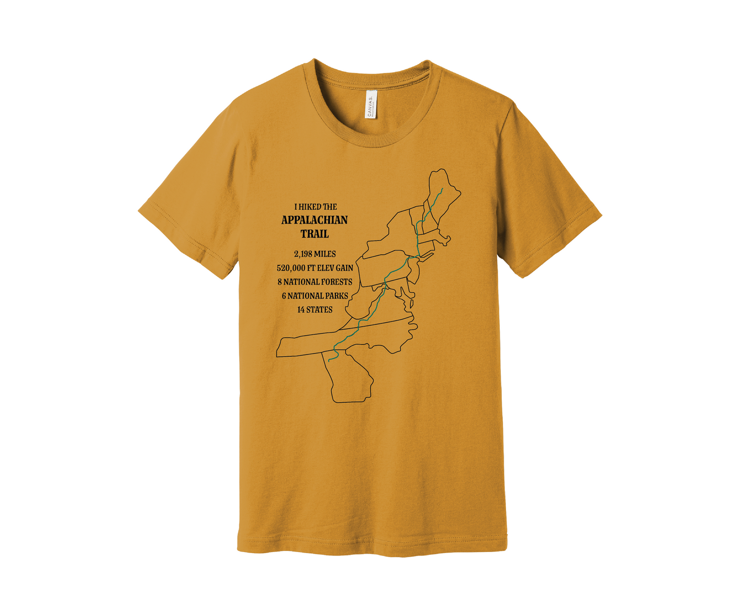 A dusky yellow T-shirt displays a map outline in black of the Appalachian Trail with a green line marking the route. Text on the shirt reads: "I Hiked the Appalachian Trail," and lists details: 2,198 miles, 464,500 ft elevation gain, 8 National Forests, 6 National Parks, 14 states.