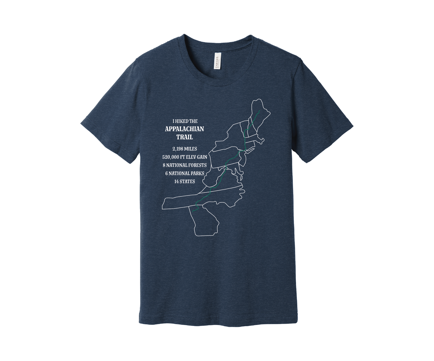 A navy heather T-shirt displays a map outline in white of the Appalachian Trail with a green line marking the route. Text on the shirt reads: "I Hiked the Appalachian Trail," and lists details: 2,198 miles, 464,500 ft elevation gain, 8 National Forests, 6 National Parks, 14 states.