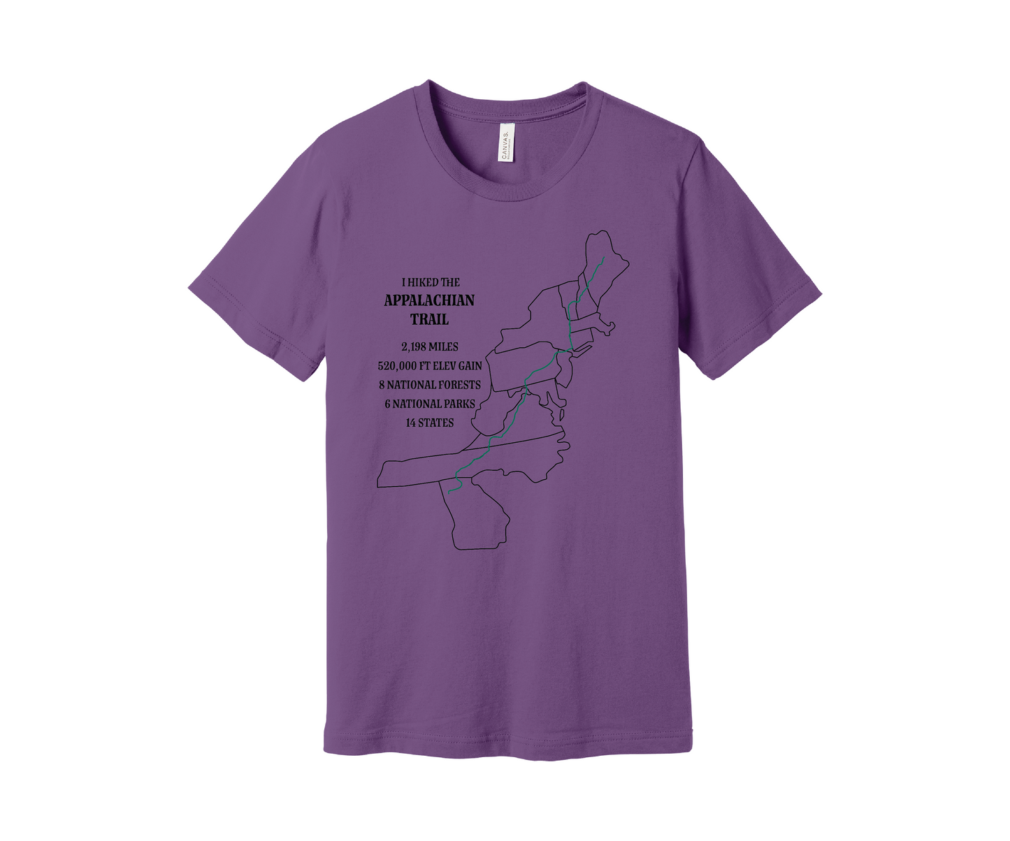 A lighter purple T-shirt displays a map outline in black of the Appalachian Trail with a green line marking the route. Text on the shirt reads: "I Hiked the Appalachian Trail," and lists details: 2,198 miles, 464,500 ft elevation gain, 8 National Forests, 6 National Parks, 14 states.