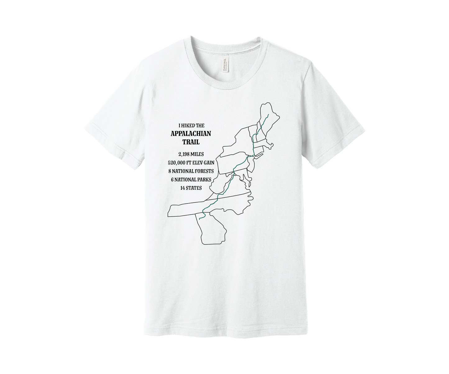 A white T-shirt displays a map outline in black of the Appalachian Trail with a green line marking the route. Text on the shirt reads: "I Hiked the Appalachian Trail," and lists details: 2,198 miles, 464,500 ft elevation gain, 8 National Forests, 6 National Parks, 14 states.