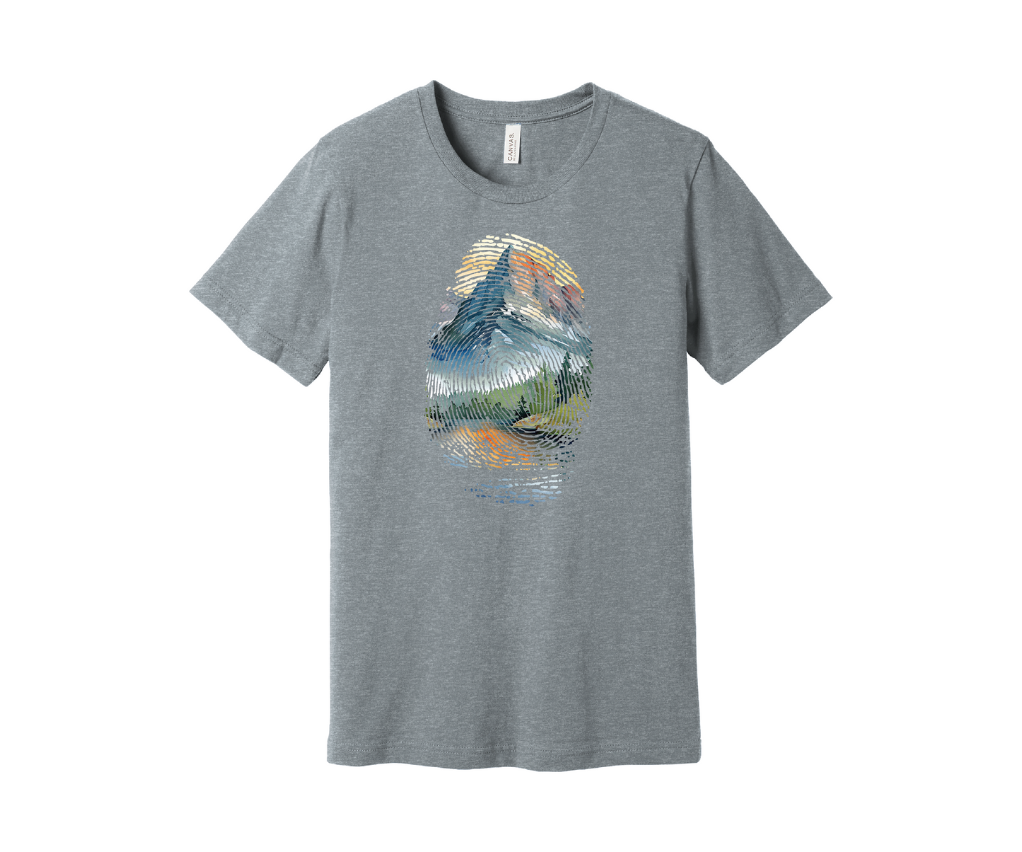 A light gray heather t-shirt featuring a colorful design of a mountain landscape encapsulated within a fingerprint pattern. The design includes blue, green, orange, and yellow hues, resembling a scenic outdoor view of a mountain and pine trees reflected in a lake below.