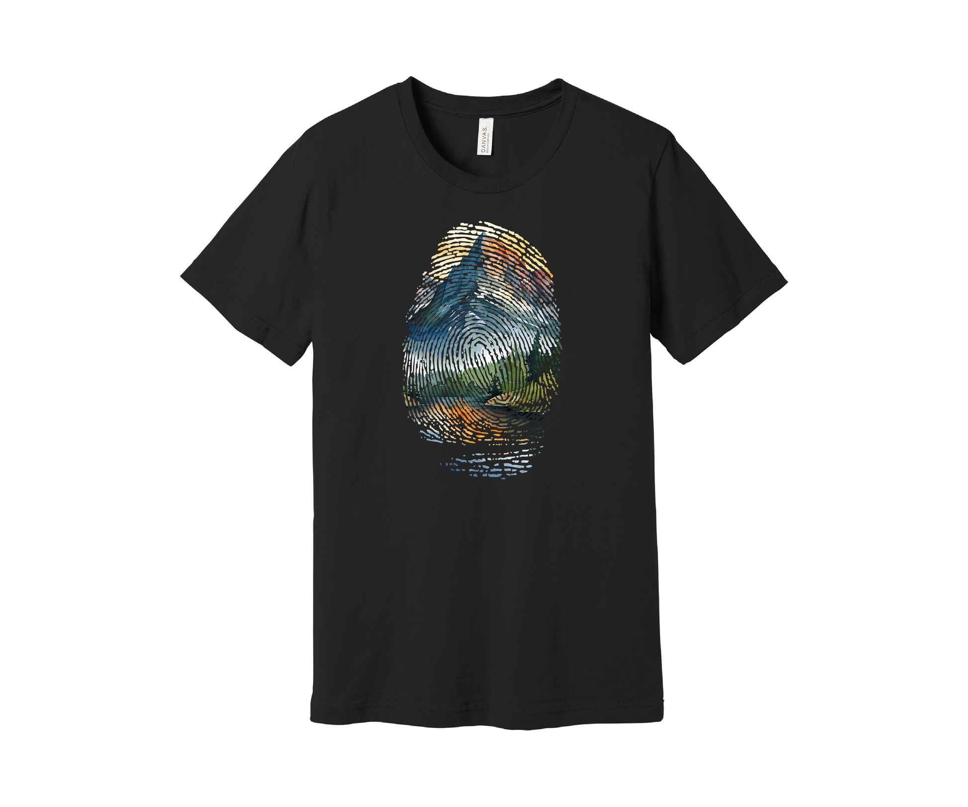 A black t-shirt featuring a colorful design of a mountain landscape encapsulated within a fingerprint pattern. The design includes blue, green, orange, and yellow hues, resembling a scenic outdoor view of a mountain and pine trees reflected in a lake below.