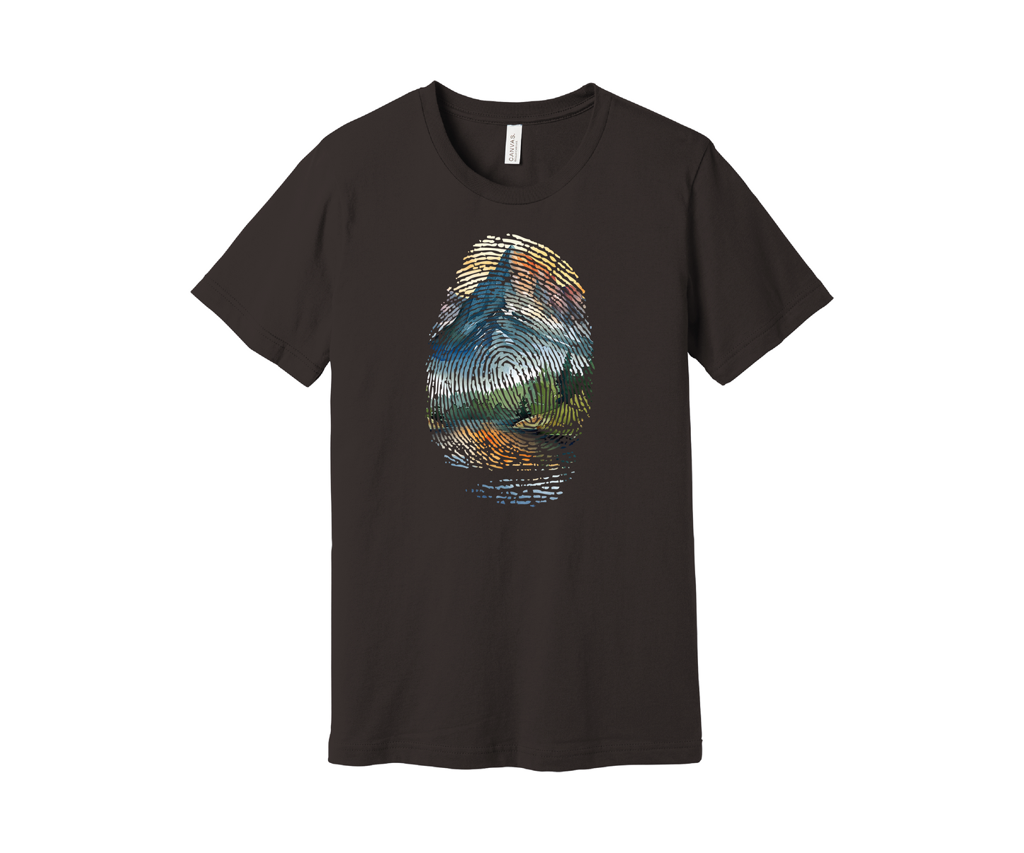 A brown t-shirt featuring a colorful design of a mountain landscape encapsulated within a fingerprint pattern. The design includes blue, green, orange, and yellow hues, resembling a scenic outdoor view of a mountain and pine trees reflected in a lake below.