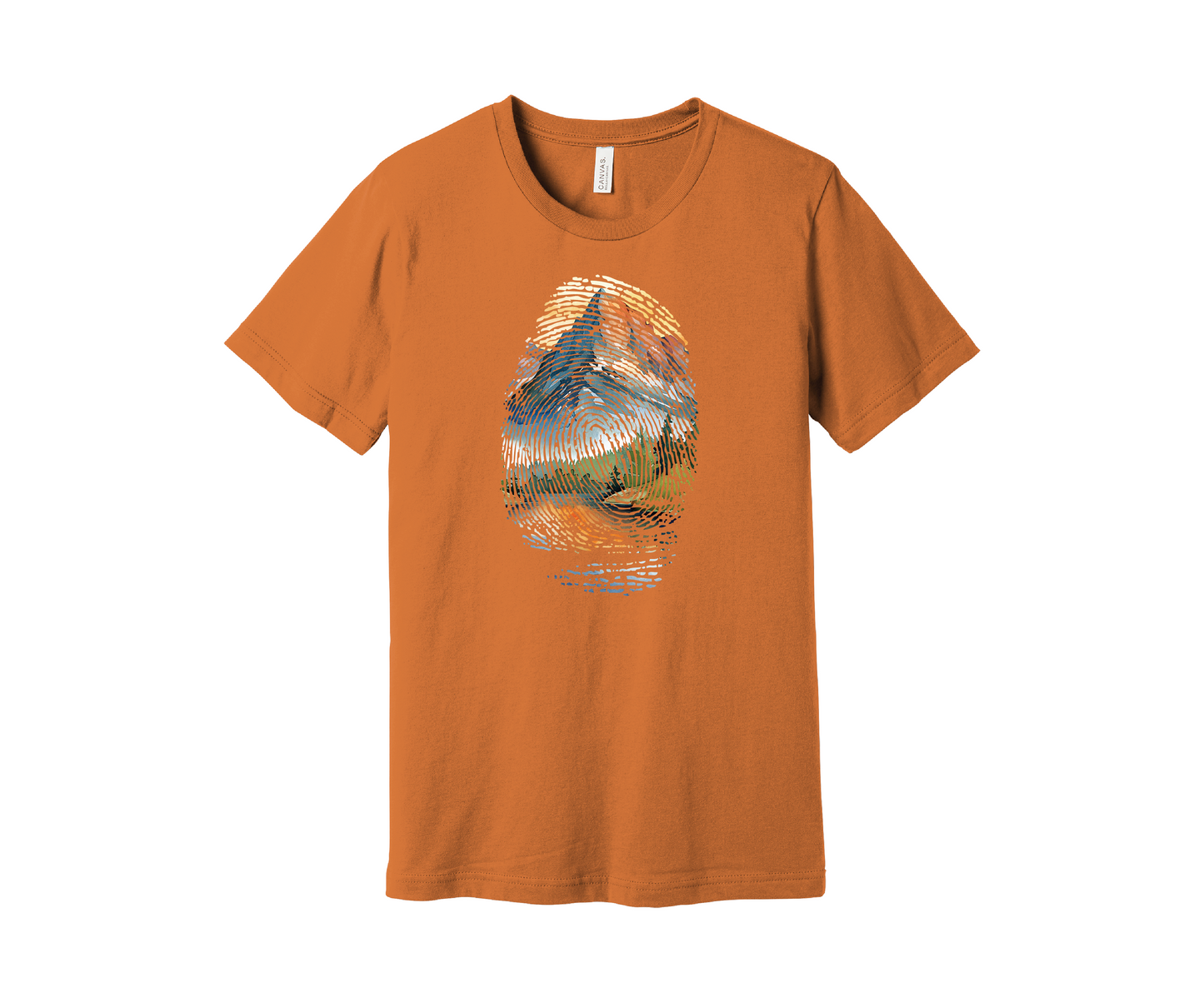 A muted orange t-shirt featuring a colorful design of a mountain landscape encapsulated within a fingerprint pattern. The design includes blue, green, orange, and yellow hues, resembling a scenic outdoor view of a mountain and pine trees reflected in a lake below.