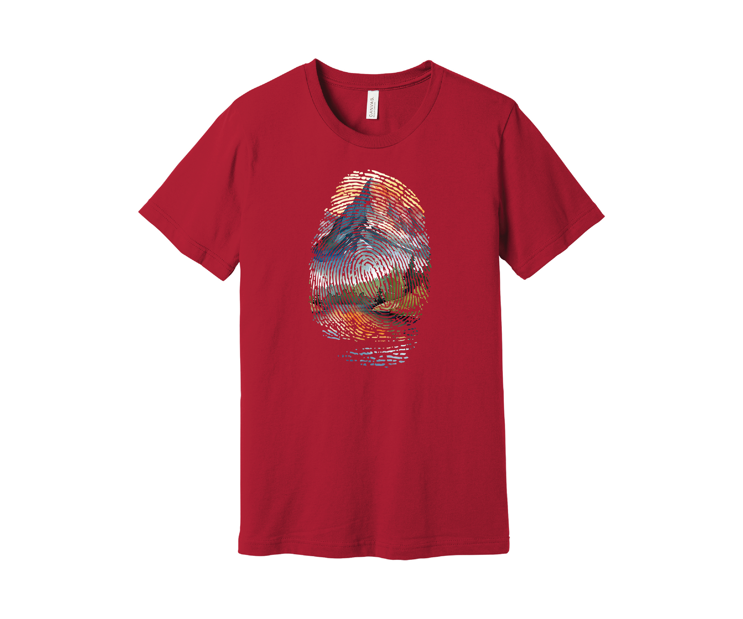 A red t-shirt featuring a colorful design of a mountain landscape encapsulated within a fingerprint pattern. The design includes blue, green, orange, and yellow hues, resembling a scenic outdoor view of a mountain and pine trees reflected in a lake below.