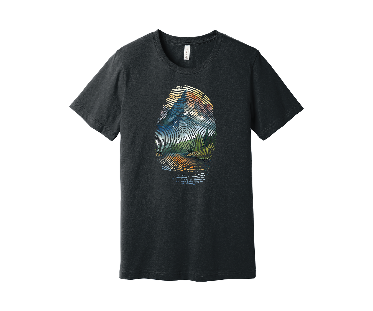 A dark gray heather t-shirt featuring a colorful design of a mountain landscape encapsulated within a fingerprint pattern. The design includes blue, green, orange, and yellow hues, resembling a scenic outdoor view of a mountain and pine trees reflected in a lake below.