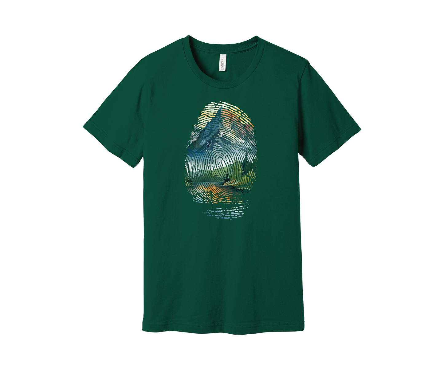 An evergreen-colored t-shirt featuring a colorful design of a mountain landscape encapsulated within a fingerprint pattern. The design includes blue, green, orange, and yellow hues, resembling a scenic outdoor view of a mountain and pine trees reflected in a lake below.