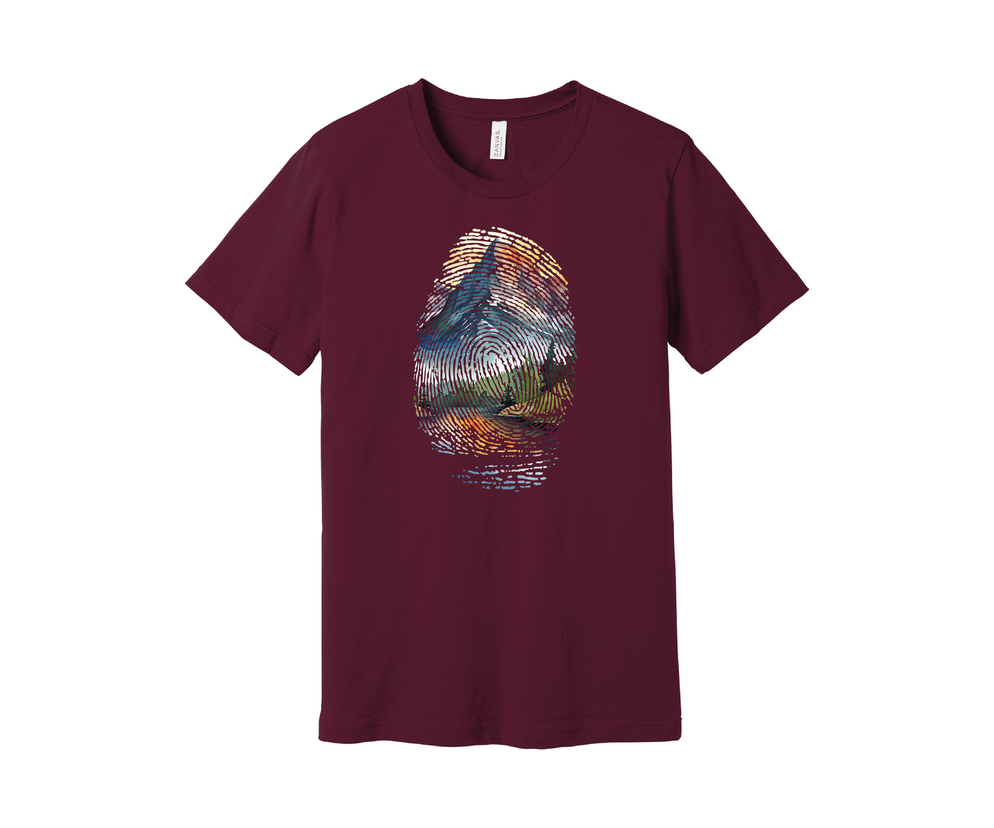 A maroon t-shirt featuring a colorful design of a mountain landscape encapsulated within a fingerprint pattern. The design includes blue, green, orange, and yellow hues, resembling a scenic outdoor view of a mountain and pine trees reflected in a lake below.