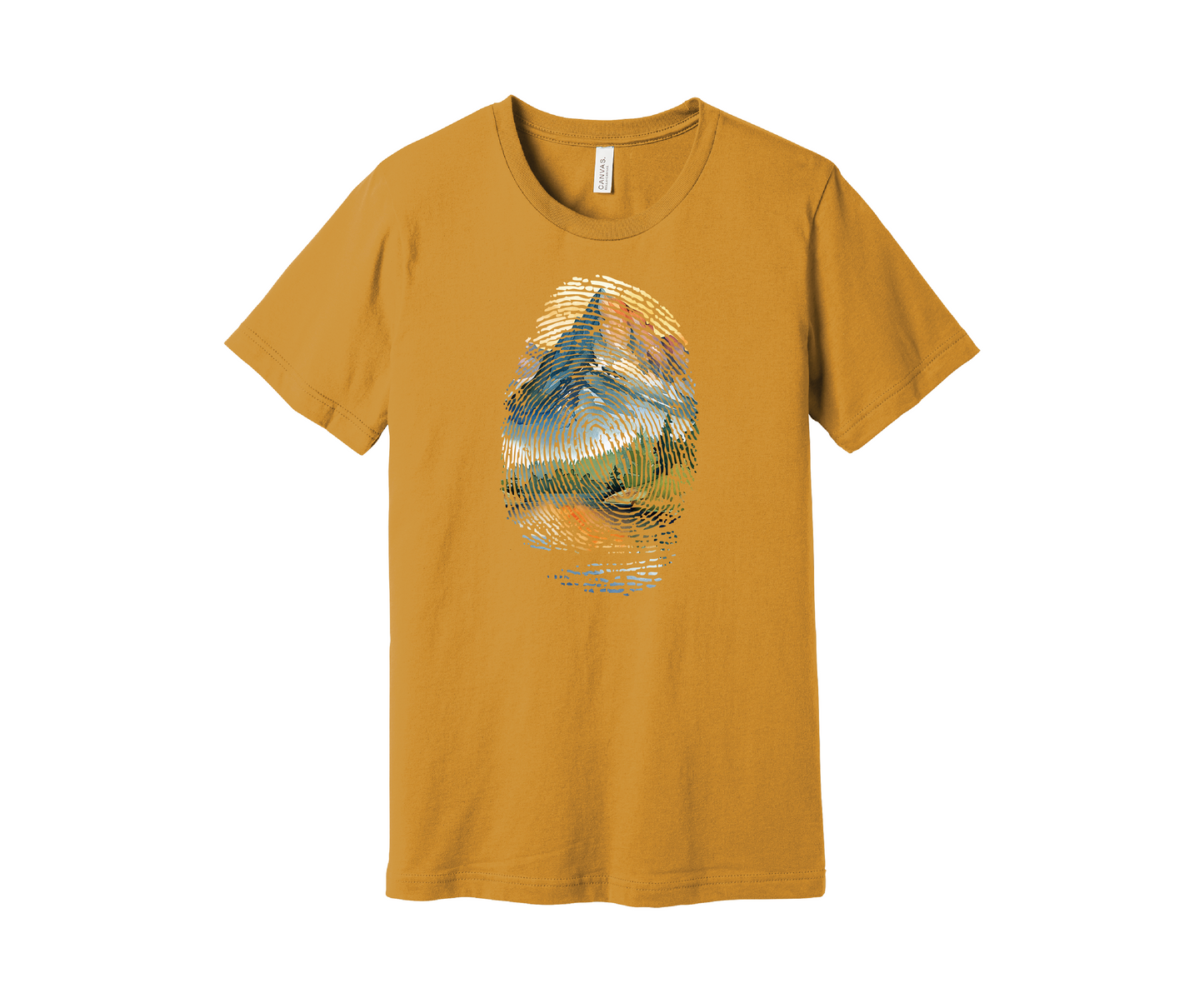 A dusky yellow t-shirt featuring a colorful design of a mountain landscape encapsulated within a fingerprint pattern. The design includes blue, green, orange, and yellow hues, resembling a scenic outdoor view of a mountain and pine trees reflected in a lake below.