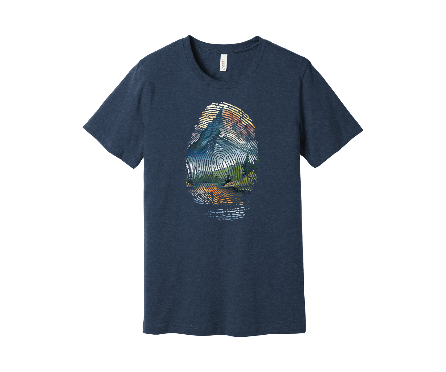 A navy heather t-shirt featuring a colorful design of a mountain landscape encapsulated within a fingerprint pattern. The design includes blue, green, orange, and yellow hues, resembling a scenic outdoor view of a mountain and pine trees reflected in a lake below.