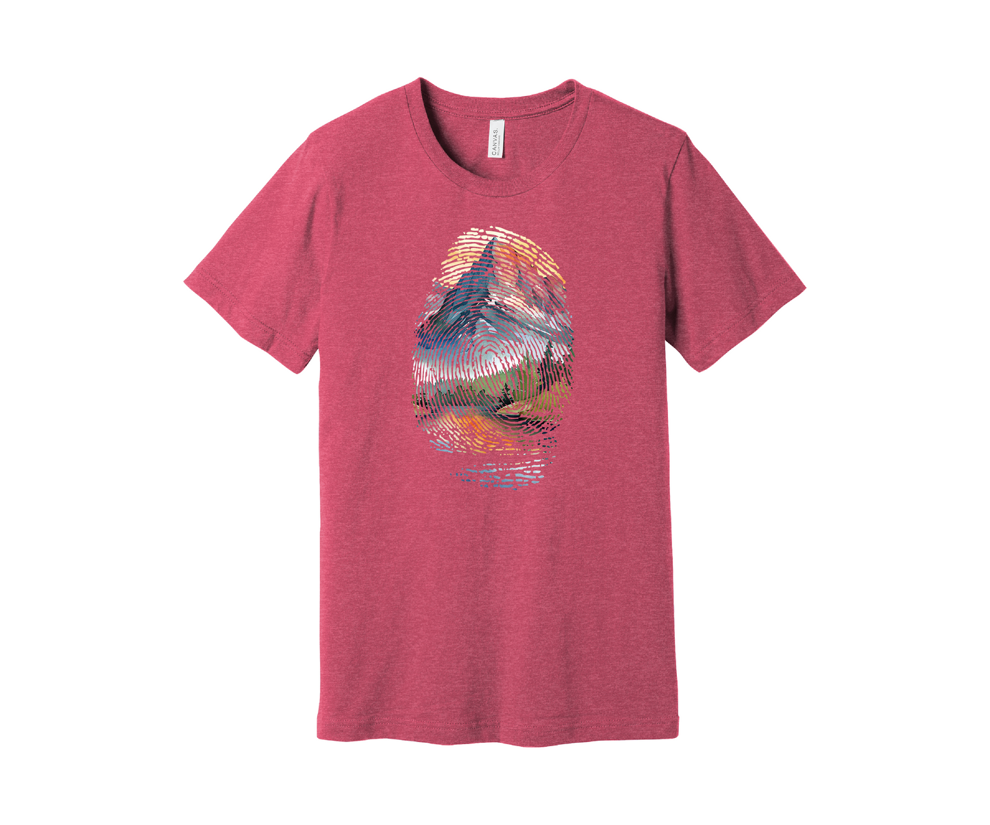 A pink heather t-shirt featuring a colorful design of a mountain landscape encapsulated within a fingerprint pattern. The design includes blue, green, orange, and yellow hues, resembling a scenic outdoor view of a mountain and pine trees reflected in a lake below.