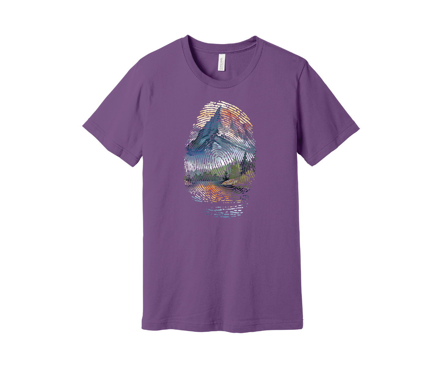 A purple t-shirt featuring a colorful design of a mountain landscape encapsulated within a fingerprint pattern. The design includes blue, green, orange, and yellow hues, resembling a scenic outdoor view of a mountain and pine trees reflected in a lake below.