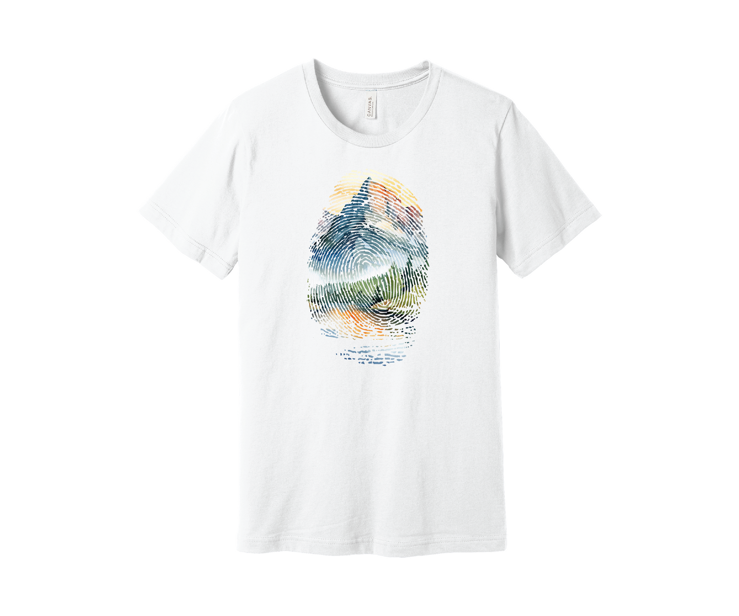 A white t-shirt featuring a colorful design of a mountain landscape encapsulated within a fingerprint pattern. The design includes blue, green, orange, and yellow hues, resembling a scenic outdoor view of a mountain and pine trees reflected in a lake below.