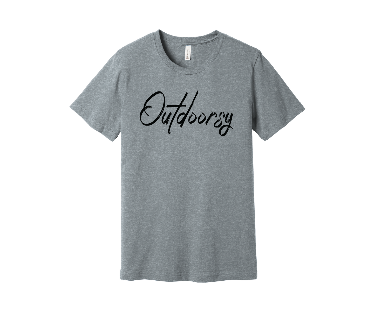 A heathered gray T-shirt with the word "Outdoorsy" printed on it in a stylish black cursive font. The shirt is displayed on a white background.