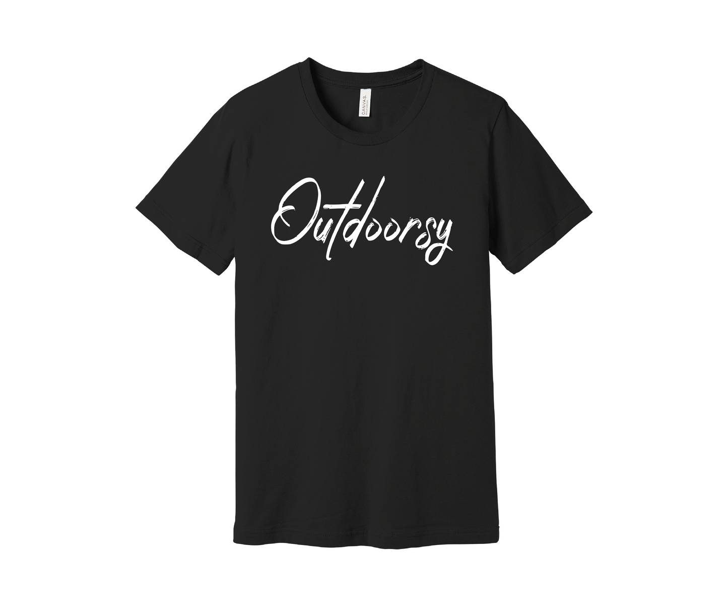 A black T-shirt with the word "Outdoorsy" printed on it in a stylish white cursive font. The shirt is displayed on a white background.