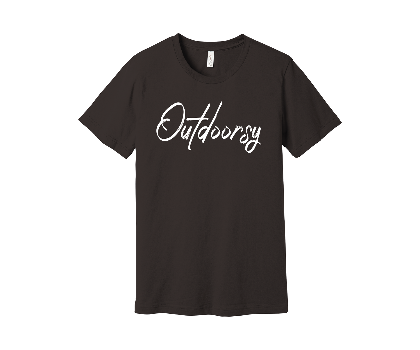 A brown T-shirt with the word "Outdoorsy" printed on it in a stylish black cursive font. The shirt is displayed on a white background.