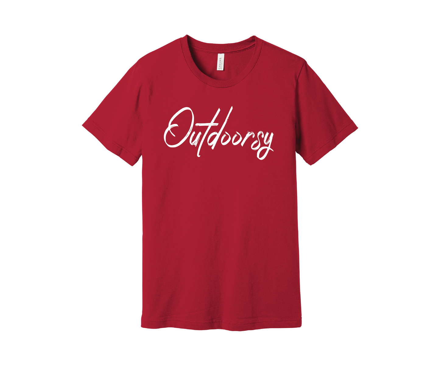 A slightly darker red T-shirt with the word "Outdoorsy" printed on it in a stylish white cursive font. The shirt is displayed on a white background.