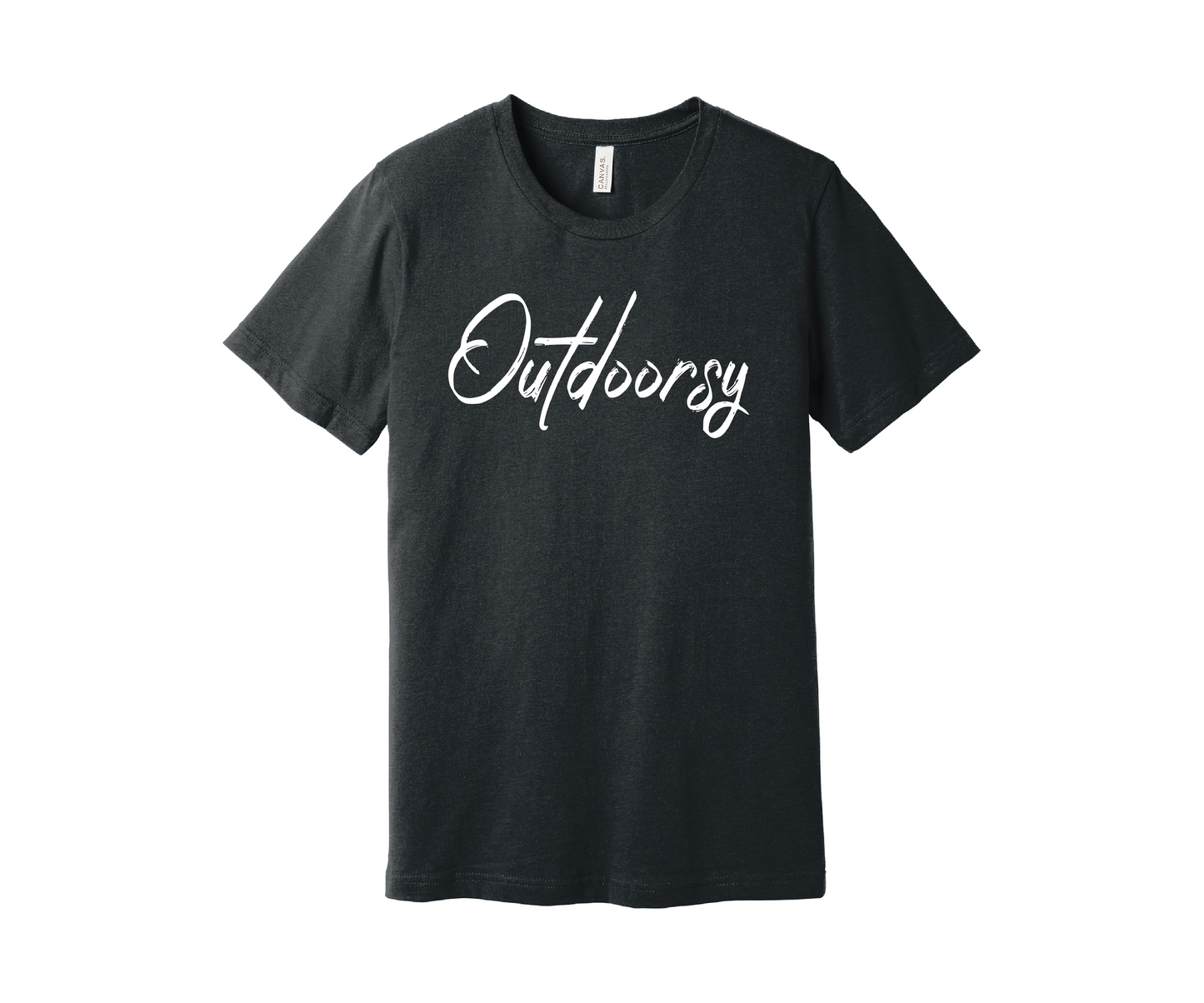 A dark heather gray  T-shirt with the word "Outdoorsy" printed on it in a stylish white cursive font. The shirt is displayed on a white background.