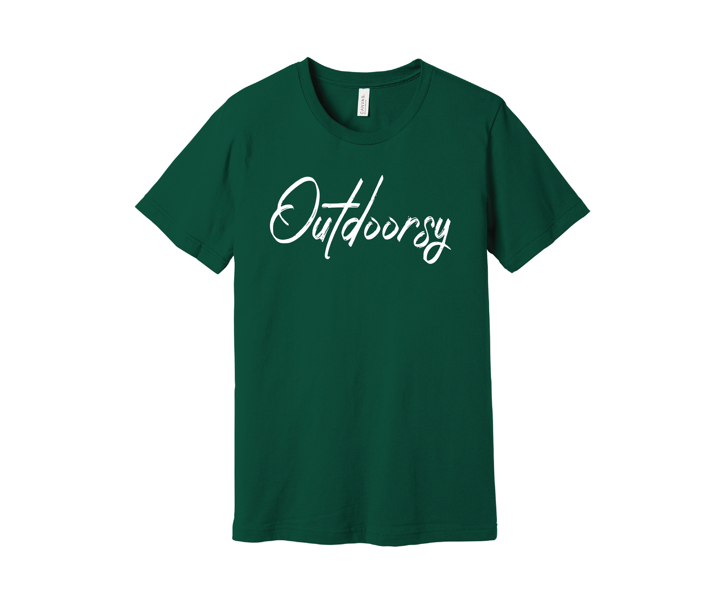 An evergreen colored  T-shirt with the word "Outdoorsy" printed on it in a stylish white cursive font. The shirt is displayed on a white background.