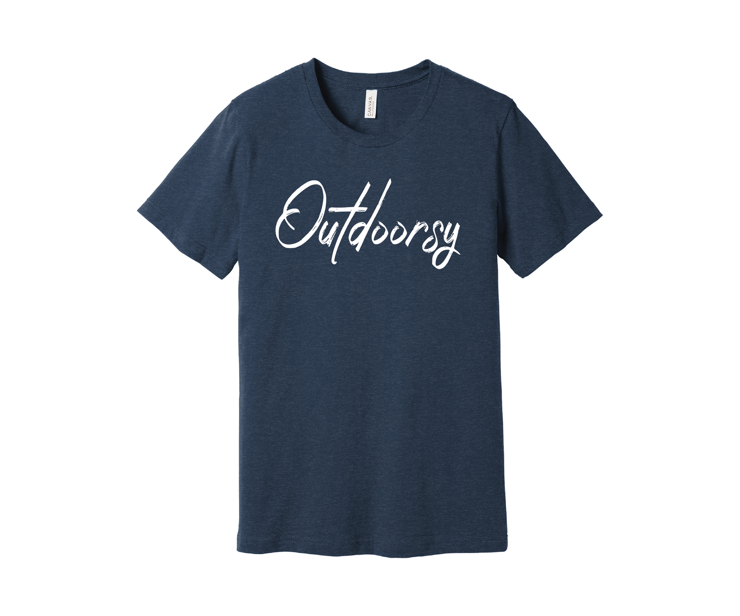 A navy heather T-shirt with the word "Outdoorsy" printed on it in a stylish white cursive font. The shirt is displayed on a white background.