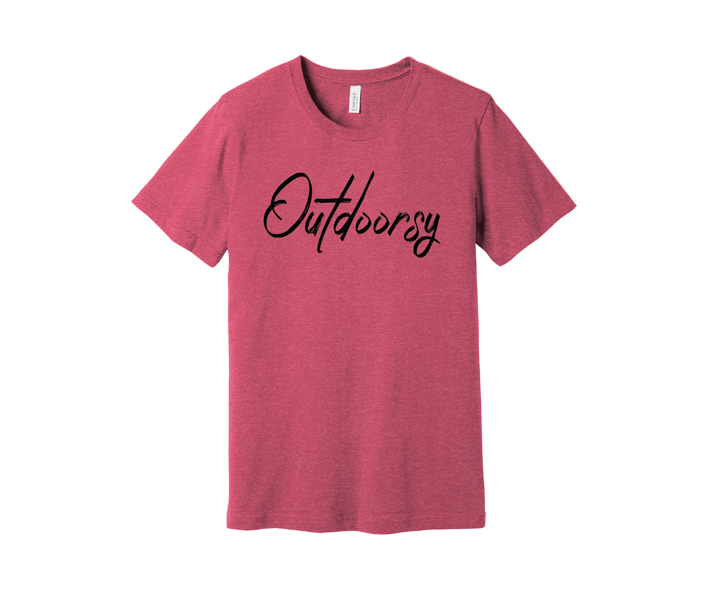 A heather rose colored T-shirt with the word "Outdoorsy" printed on it in a stylish black cursive font. The shirt is displayed on a white background.