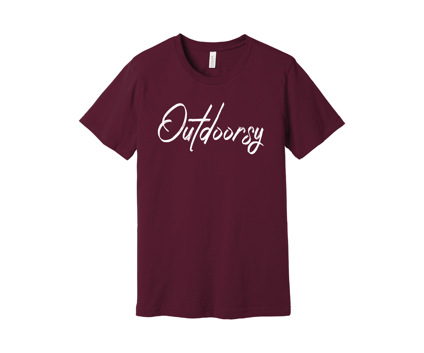 A maroon T-shirt with the word "Outdoorsy" printed on it in a stylish white cursive font. The shirt is displayed on a white background.