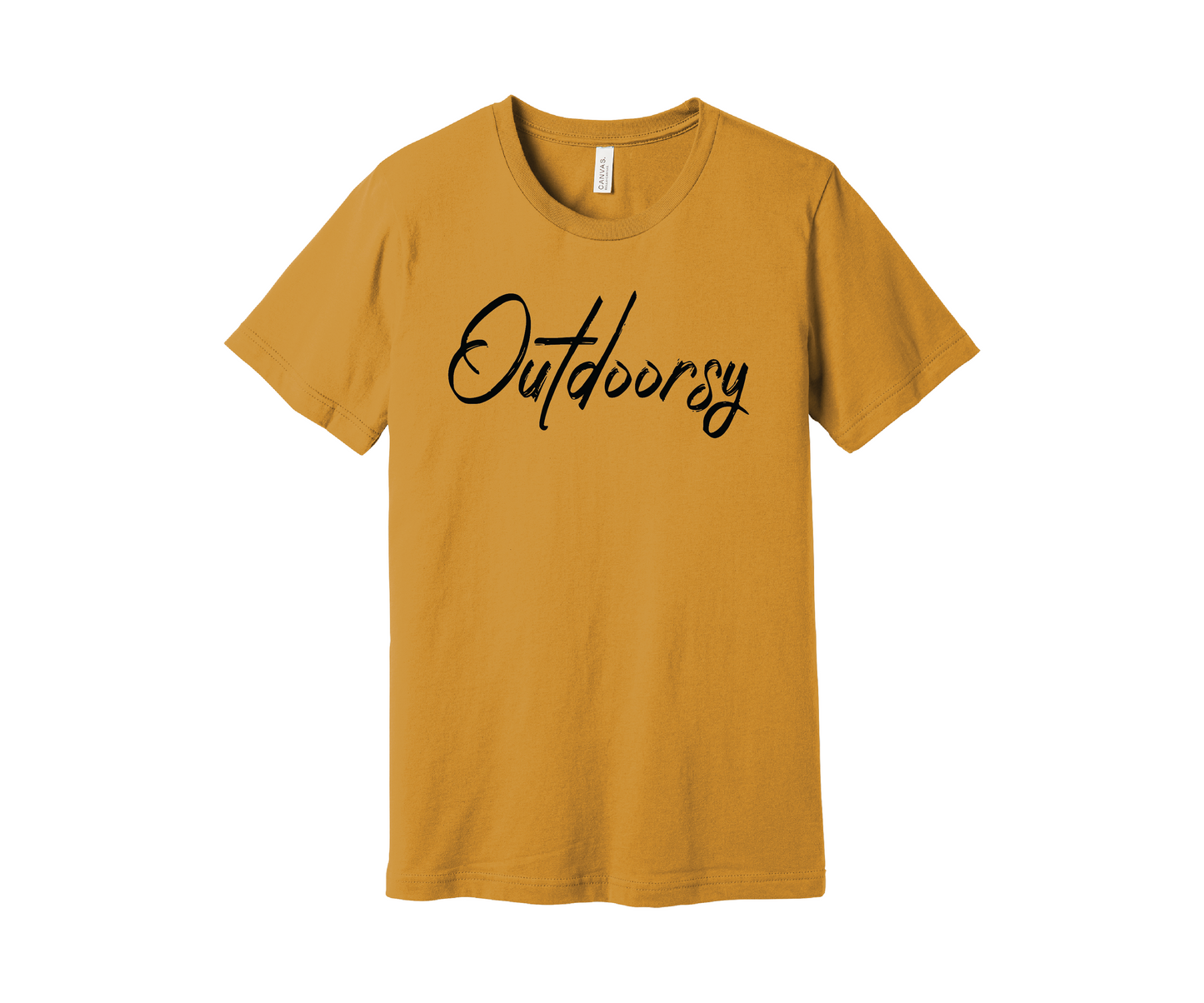 A mustard yellow T-shirt with the word "Outdoorsy" printed on it in a stylish black cursive font. The shirt is displayed on a white background.