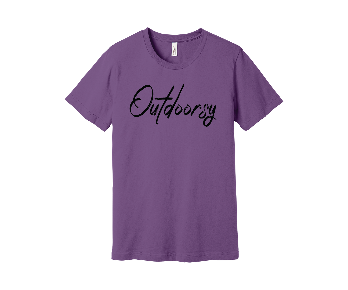 A lighter purple T-shirt with the word "Outdoorsy" printed on it in a stylish black cursive font. The shirt is displayed on a white background.