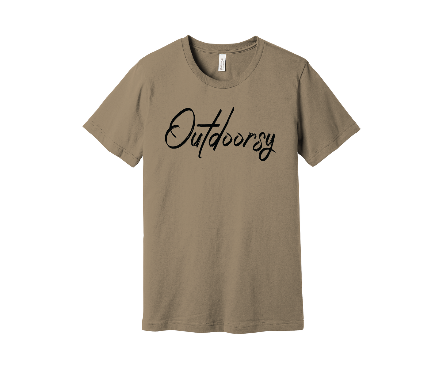 A tan T-shirt with the word "Outdoorsy" printed on it in a stylish black cursive font. The shirt is displayed on a white background.