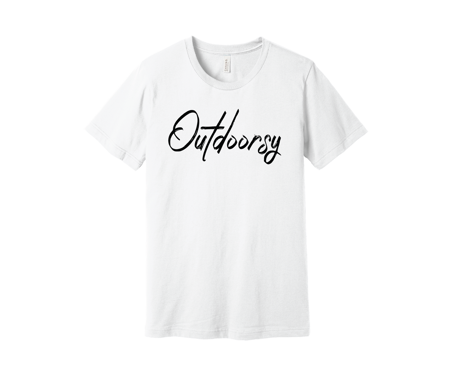 A white T-shirt with the word "Outdoorsy" printed on it in a stylish black cursive font. The shirt is displayed on a white background.